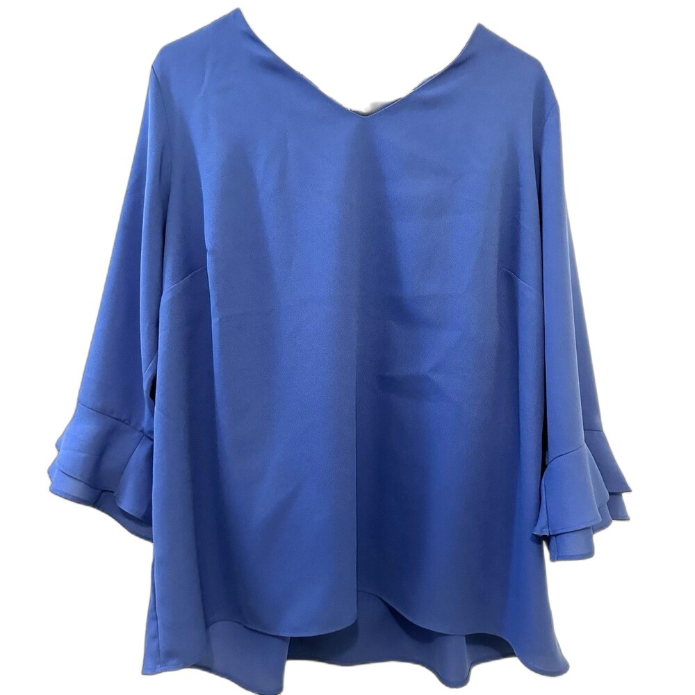 Lands End Womens Blue V-Neck Blouse Size 20 W Long Bell Sleeves V-Neck Casual